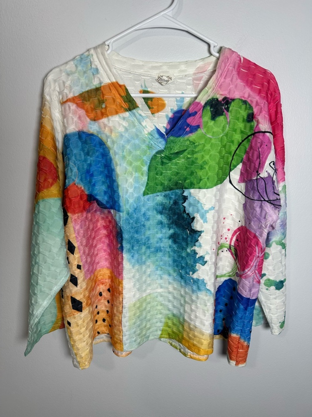 Colorful Abstract Print V-Neck Women's Top - Multicolor Size Large